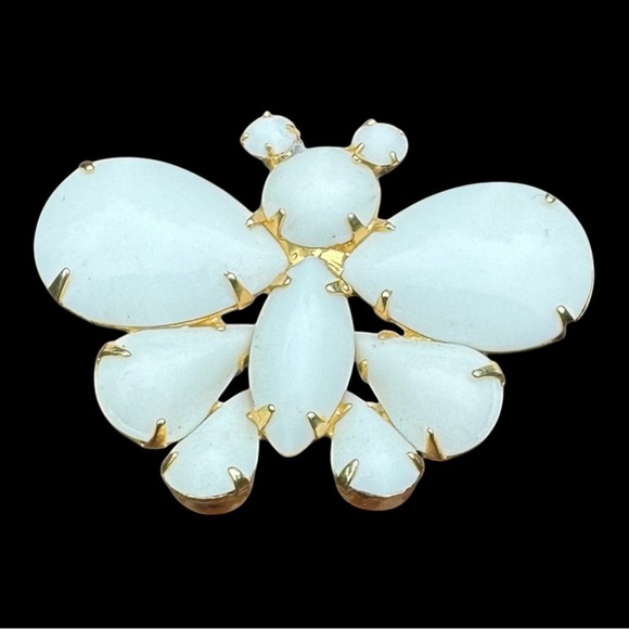 Napier Jewelry - Vintage Napier Milk Glass Butterfly Brooch White Teardrop Glass Insect Pin Gold
